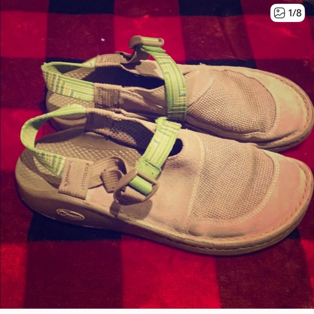 Chaco Beige/Tan Slip-On Mules with Lime Green Straps